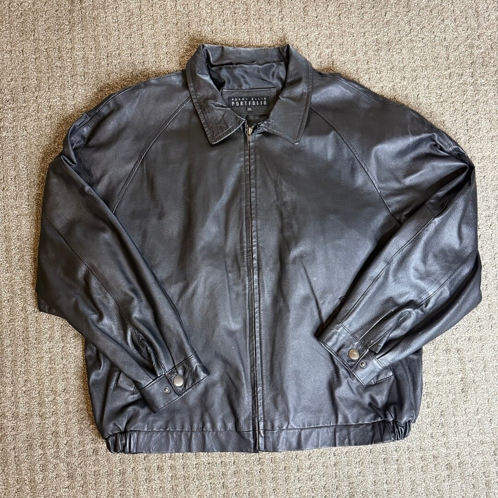 Perry Ellis Portfolio Mens XXL Black Leather Bomber Jacket Full Zip Raglan